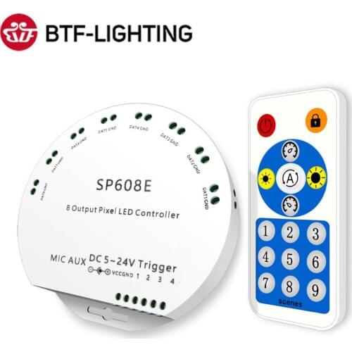 SP608E WS2812B Music Controller 8 CH Signal Output WS2811 WS2815 LED Light Strip Built In Mic IOS Android Bluetooth App DC5V-24V