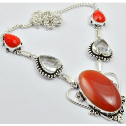 Carnelian & White Topas Necklace Silver Overlay over Copper , 52cm, N2465