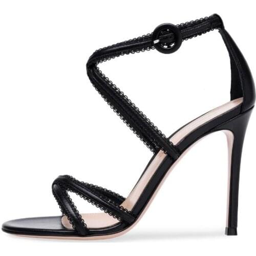 Linamong Woman Black White Solid Color Cross Bands Cover Heel Sandals Female Buckle Strap Open Toe Thin Heels Party Dress Shoes