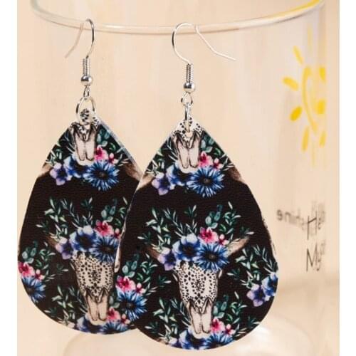 European and American Vintage Style Bull Head Leaf Flower Earrings Bull Head Flower Double-sided Leather Drop Leather Earrings