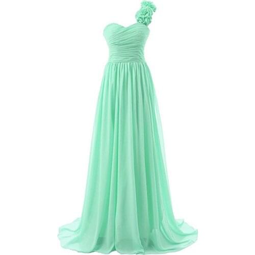 Chiffon Long Prom Dresses Handmake Flowers One Shoulder Mint Green Vestidos De Fiesta Bridesmaid Gowns Corset Weding Party Wear
