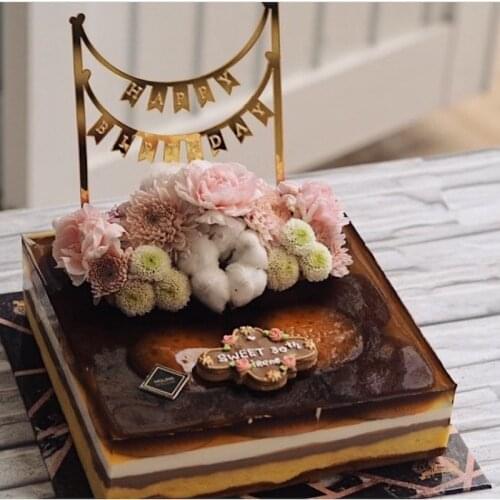 New Banner Shape Happy Birthday Acrylic Cake Topper Gold Birthday Cupcake Toppers Flags for Baby Birthday Party Cake Decorations