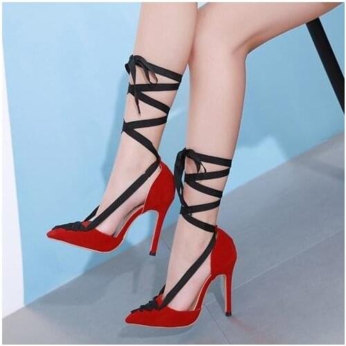 Women Red Suede Black Ribbon Lace-up Wedding Shoes Stiletto Heel Pointed Toe Cross Strappy Dress Pumps Mixed Color Pump