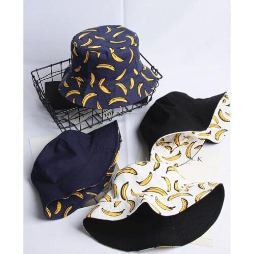 Spring And Summer Fishermans Hats Canvas Banana Pattern Fishermans Hat Folding Sunshade Cap Two Sides Wearable Casual Hat