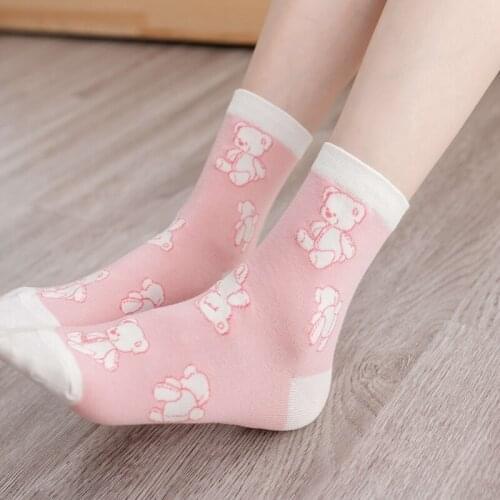 Japanese Kawaii Flower Socks Female Cute Bear Medium Tube Sweet Harajuku Stockings JK Lace Thin Breathable Girl Pink Women Socks