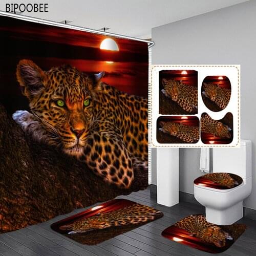 Dusk Leopard 3d Shower Curtain Sunset Print Bath Mats Rugs Set Washroom Decor Toilet Lid Cover Non-slip Carpet Bathroom Curtains