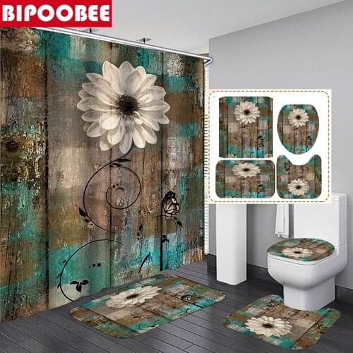 Rustic Shower Curtain Floral Barn Wood Farmhouse Bathroom Curtains with Hooks Toilet Cover Carpets Non-slip Bath Mat Rugs