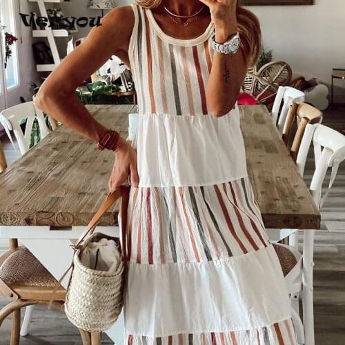 New Summer Dresses For Women Casual O Neck Patchwork Striped Print Dress Women Sexy Sleeveless Beach Vacation Long Dress 2021