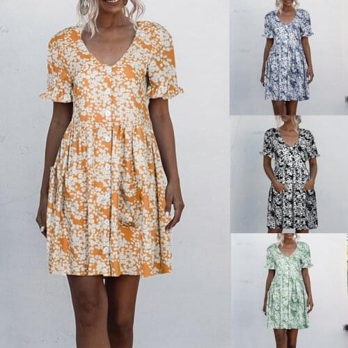 Womens Dress Short Sleeve V-Neck Button Print Fashion Mini Dress