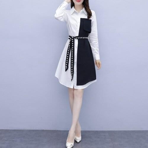 Dresses 2020 Womens Stitching Beaded Slimming Temperament Long-sleeved Lapel Shirt Dress Women Autumn Winter Dress Female Q226