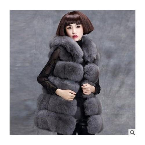 S/6Xl Women Long Faux Fox Fur Vests Female Korean Stylish Winter And Autumn Casual Hooded Manmade Fur Waistcoats Large Size K87