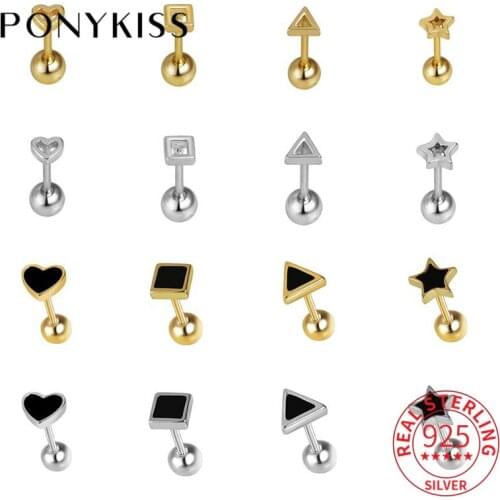 PONYKISS 1 PCS Real 925 Sterling Silver Heart Star Triangle Zircon Stud 14K Gold Earrings Women Hiphop Fine Jewelry Accessories