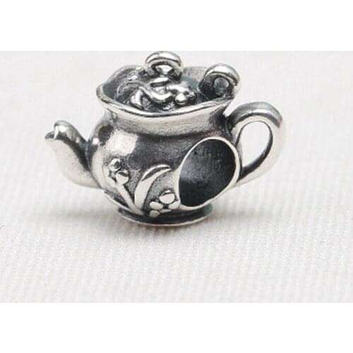 100% Authentic 925 Sterling Silver Bead Teapot With Flower Engraved Beads Fit Famous Brand Charm DIY Bracelet Bangle Jewelry