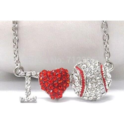 Fast selling fashion rhodium plated I love baseball with crystal sports pendant Necklaces