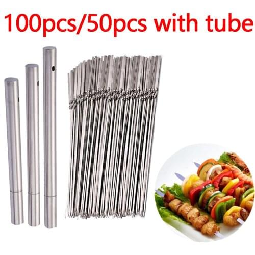 50/100pc Stainless Steel Skewer Reusable Flat Barbecue Skewer Bbq Needle Stick Garden Outdoor Camping Tool bbq Grill Accessories
