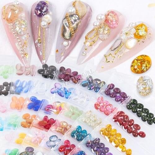 60pcs/Pack 3D Oval Round Cats Eye Cymophane Clear Foil Amber Jewel Arylic Nail Art Rhinestone Gems Decoration Manicure DIY Tips