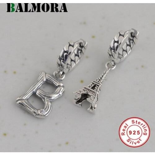 BALMORA 100% 925 Silver Letter "B" And Tower Earring For Men Women Vintage Asymmetrical Design Ear Loop Dangler Ear Stud Jewelry