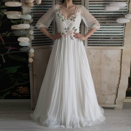 White Formal Elegant Prom Dress Long Sleeves V-Neck Appliques Backless Tulle A-line Women Evening Homecoming Custom Made Gowns