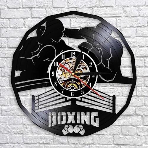Kick Boxing Gym Decor Clock Boxing Gloves Punching Bag Infighters Vinyl Record Wall Clock Fighting Sports Boxers Scrappers Gift