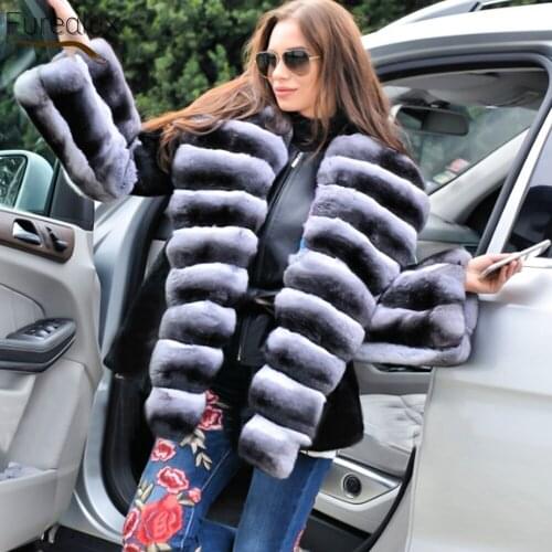FUREALUX 2021 Genuine Real Fur Coat New Style With Natural Rex Rabbit Fur Collar Winter Womens Thick Warm Trendy Jacket