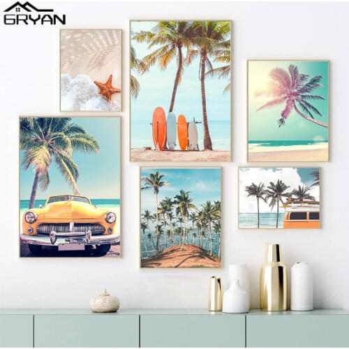 California Beach Surf Poster Starfish Sea Wave Surfboard Canvas Prints Coconut Tree Painting Travel Car Wall Art Picture Decor