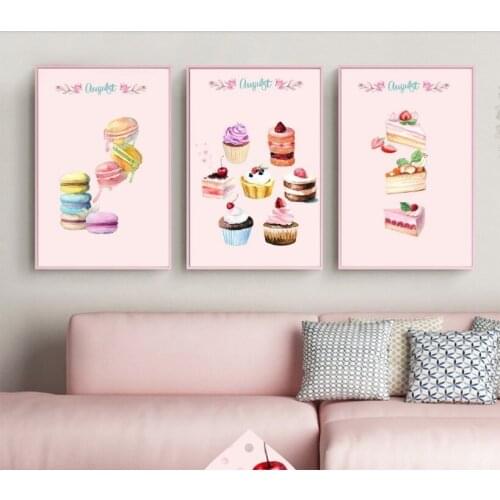 3 Pieces Pink Cakes and Pastries Baking Dessert Canvas Paintings Poster Wall Art Print Picture Decoration for Living Room
