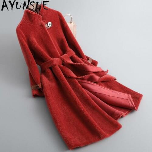 AYUNSUE Winter Long Wool Jacket Women 2021 Elegant Real Sheep Shearling Coat Female Korean Fur Coats Slim Casaco Feminino Gxy322