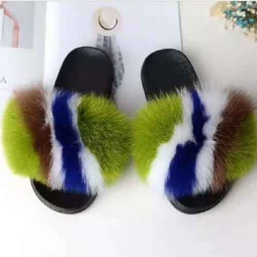 Summer Women Raccoon Fur Slippers Ladies Plush Slides Female Furry Sandals Fluffy House Shoes Girls Cute Flip Flops Large Size