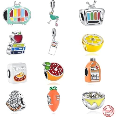 Hot Selling 925 Sterling Silver Cup Bead TV Set Charm Orange Pendant Suitable For Original Pandora Bracelet Lady Fashion Jewelry