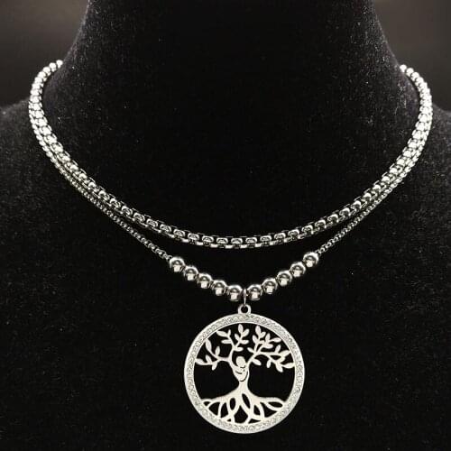 Fashion Tree of Life Crystal Stainless Steel Necklaces Pendants for Women Silver Color Necklace Jewelry collane donna N21S01