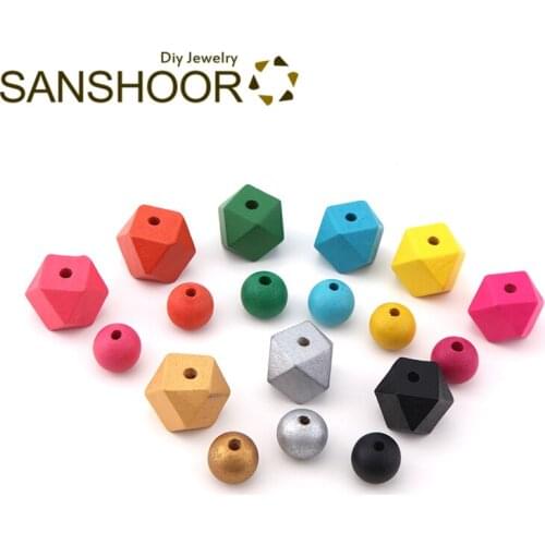 SANSHOOR Selected Geometric Wooden Beads Set Include 20pcs 20mm Octagonal and 20pcs 15mm Round Fit DIY Necklace Earrings 40Pcs
