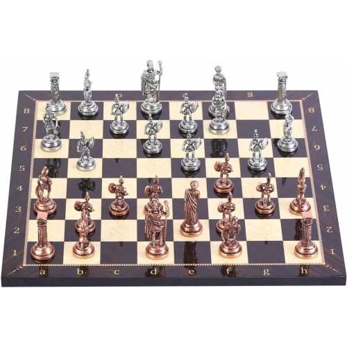 Historical Antique Copper Rome Figures Metal Chess Set, Handmade Pieces, walnut Patterned Wood Chess Board Small Size King 4.8cm