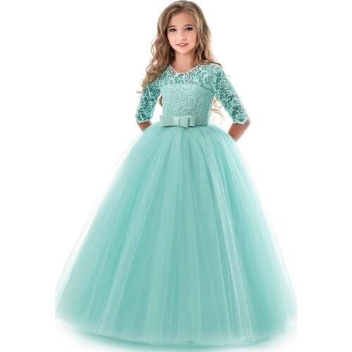 New Princess Lace Dress Kids Flower Embroidery Dress For Girls Vintage Children Dresses For Wedding Party Formal Ball Gown 14T