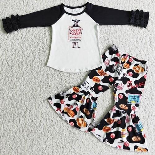 RTS Wholesale Children Clothing Fall Baby Girls Boutique Clothing Cow Print Fashion Kids Designer Clothes Bell Bottom Outfit Hot