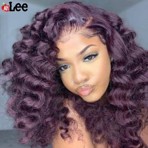 Purple Wig Loose Deep Wave Wig 200 Density 13x4 Transparent Lace Frontal Wig Human Hair Bob Human Hair Remy Peruvian Hair Wigs