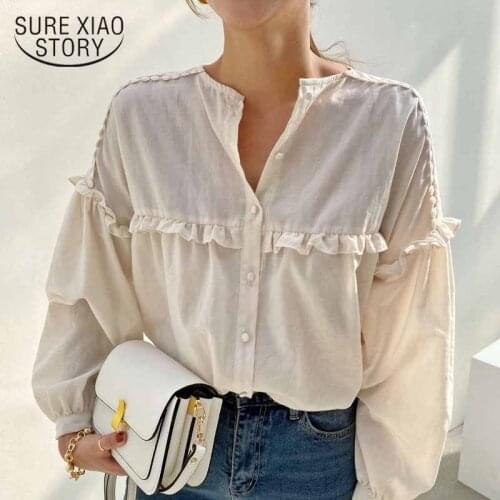 2021 Spring White Tops Long Sleeve Woman Shirt O-neck Loose Blusas Korean Style Chic Shirt Ruffle Single Breasted All-match