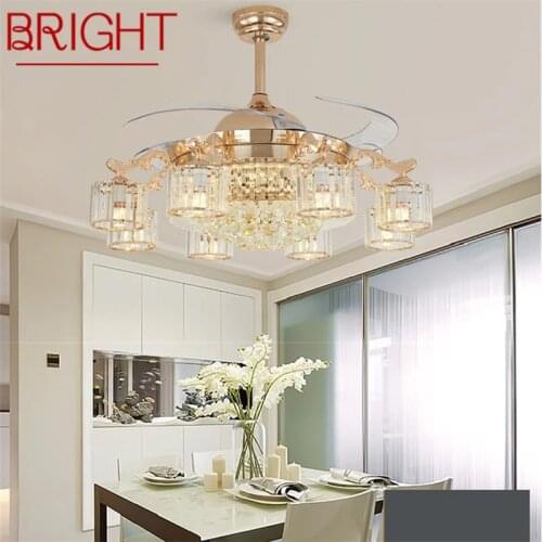 BRIGHT Ceiling Fan Lights Luxury Crystal Lamp Remote Control Without Blade Modern Gold For Home Dining Room