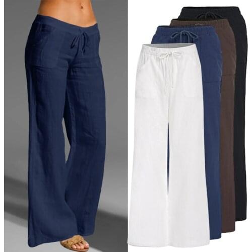 2021 Vintage Casual Pants Women Wide Leg Trousers Drawstring Waist Solid Pocket Loose Womens Pants Plus Size Spring Summer