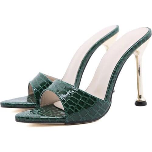 2021 Snake Print High Heel Slipper Shoes for Women 7cm Height Heels Summer Slip-On Peep Toe Platform Sandals Big Size