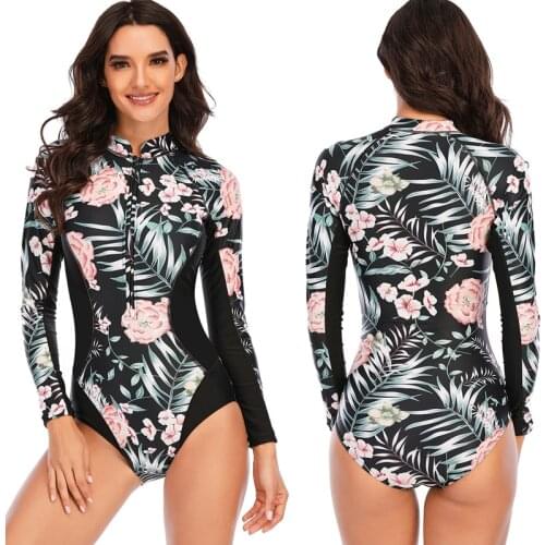 Sexy 2021 One Piece Swimsuit Long Sleeve Swimwear Women Print Floral Bathing Surfing Retro Swim Suits Maillot De Bain Monokini