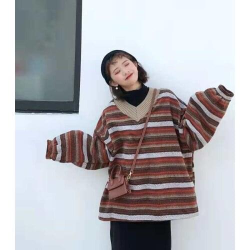 Sweater Women Chic Autumn/winter Outfit 2021 New Striped Contrast Color V-neck BF Pullover Loose Woman Sweaters