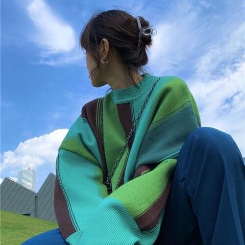 Autumn Winter New Lazy Style Color Matching Striped Sweater Women New Long-sleeved Knitted Sweater Top 2021