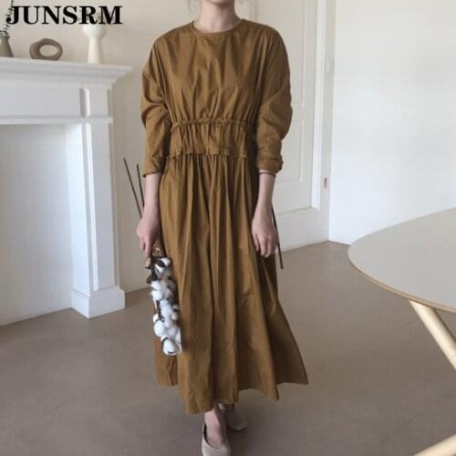 2020 New Autumn Cotton Long Dress Women Vintage Loose High Waist Slim Thin Drawstring Dress Female Retro French Elegant Dresses