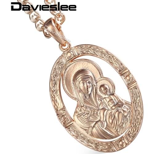 Davieslee Virgin Mary Jesus Round Pendant Necklace For Women Men 585 Rose Gold Filled Chain Fashion Jewelry LGP194