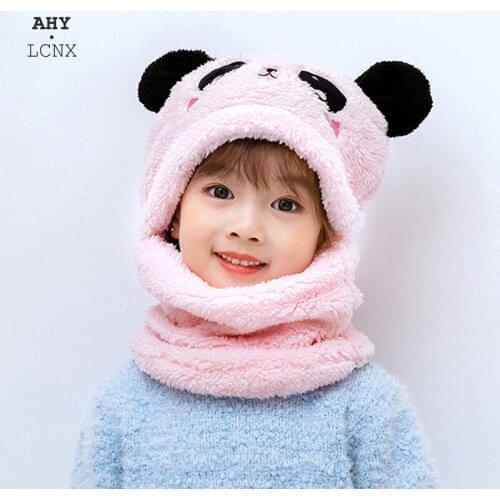 Winter Children Hat Plus Fleece Kids Caps Cartoon Hat For Girls Boys Scarf Thicken Panda Baby hats Newborn Photography Stuff
