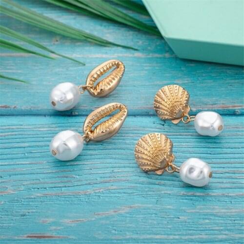 2Pairs Women Earrings Set Gold Metal Sea Shell Conch Simulated Pearl Dangle Earring Femme Vintage Boho Beach Jewelry Summer 2019