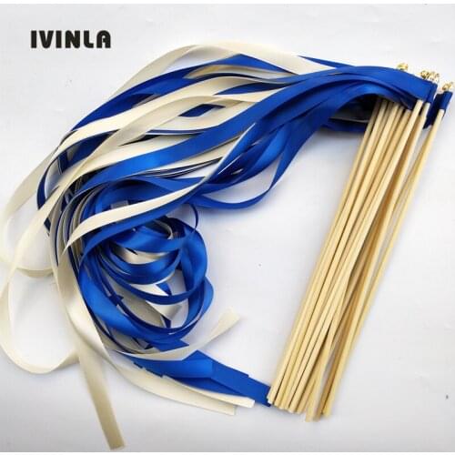 50pcs/lot royal & cream stain ribbon wedding ribbon stick With gold Bells for wedding decoration