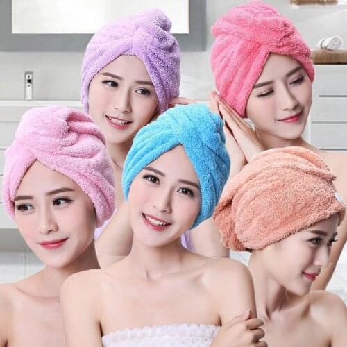 Coral Velvet Dry Hair Bath Towel Microfiber Quick Drying Turban Super Absorbent Women Hair Cap Wrap with Button Thicken
