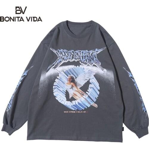 Bonita Vida Creative 3D Angel Print Oversize Long Sleeve Tops Tees Shirts Streetwear Hip Hop Hipster Casual Loose Tshirts