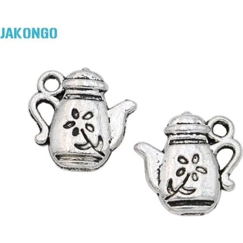 JAKONGO Antique Silver Plated Flower Teapot Charms Pendants for Jewelry Making Bracelet DIY Handmade Craft 13x13mm